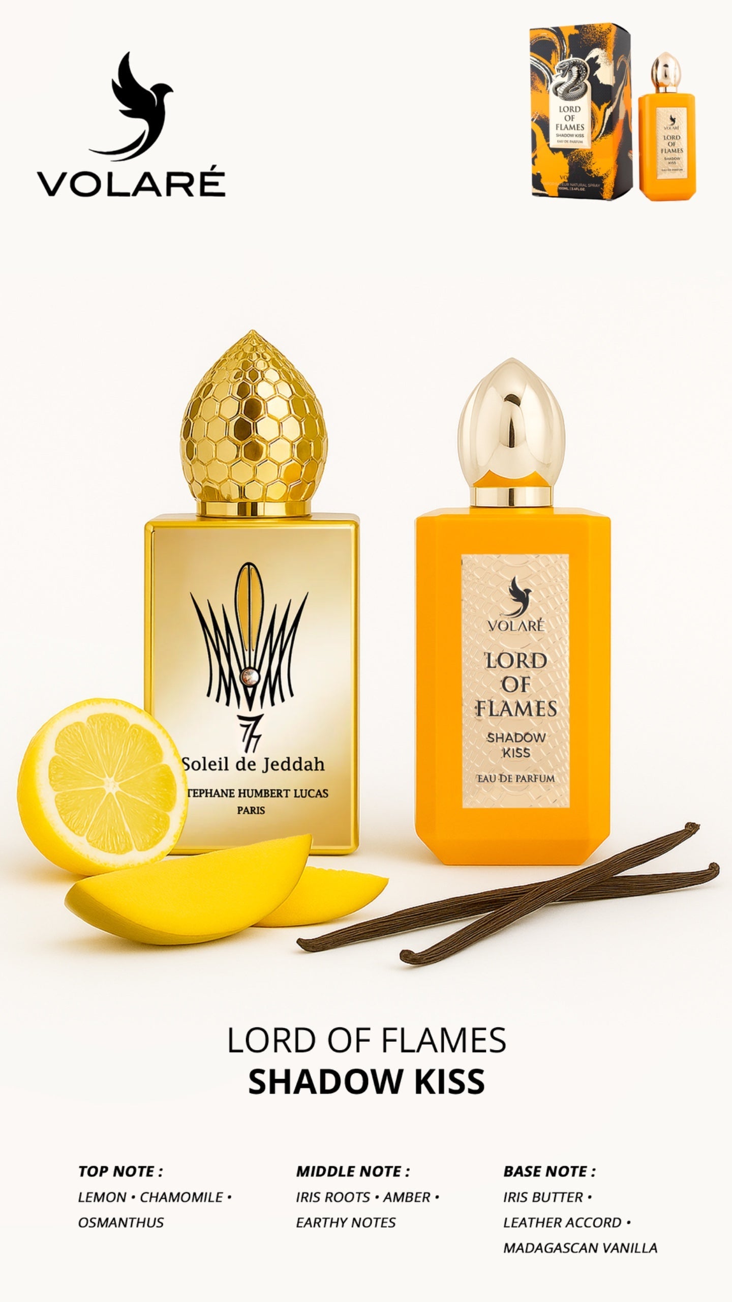Two Volare perfume bottles with lemon, vanilla beans, and product packaging on a white background.