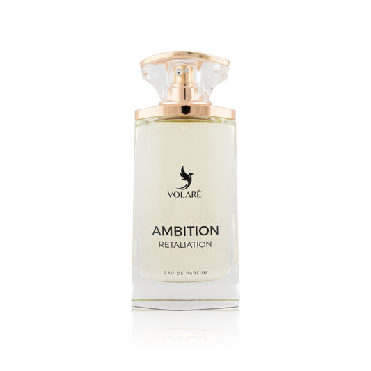Perfume bottle labeled 'Ambition Retaliation' by Volare on a white background