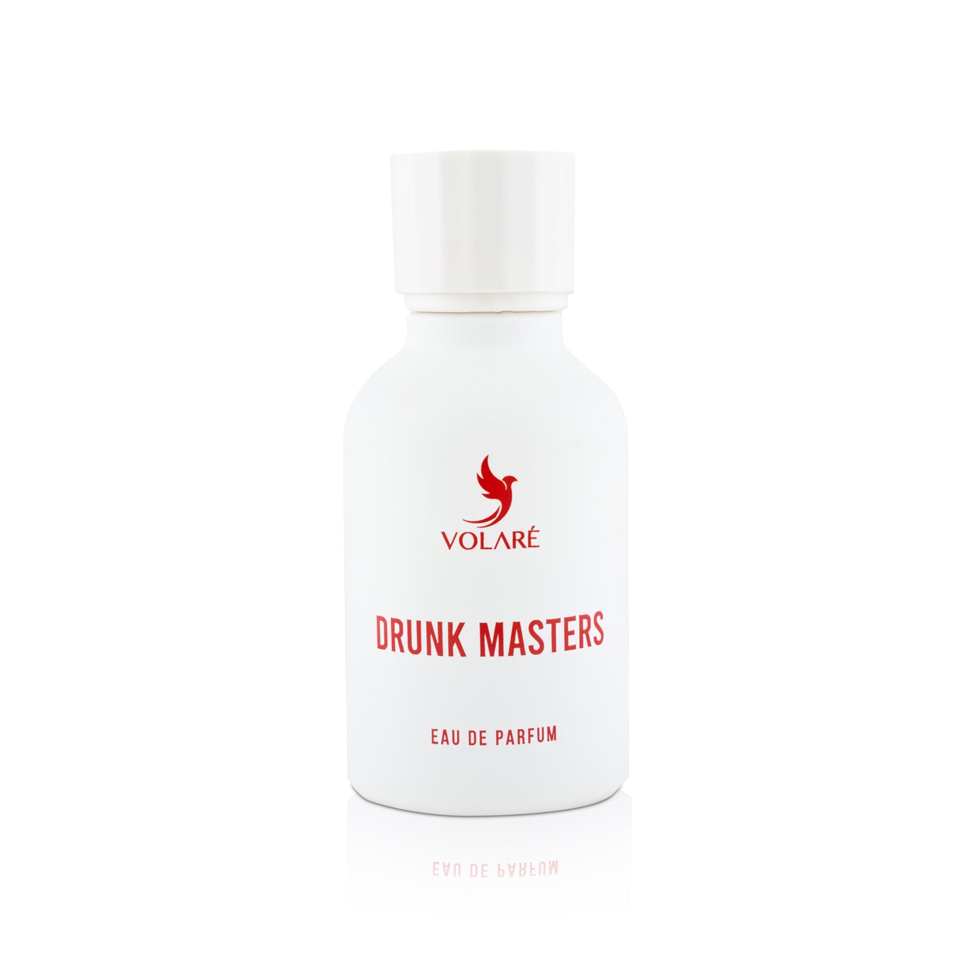 White perfume bottle with red text on a white background