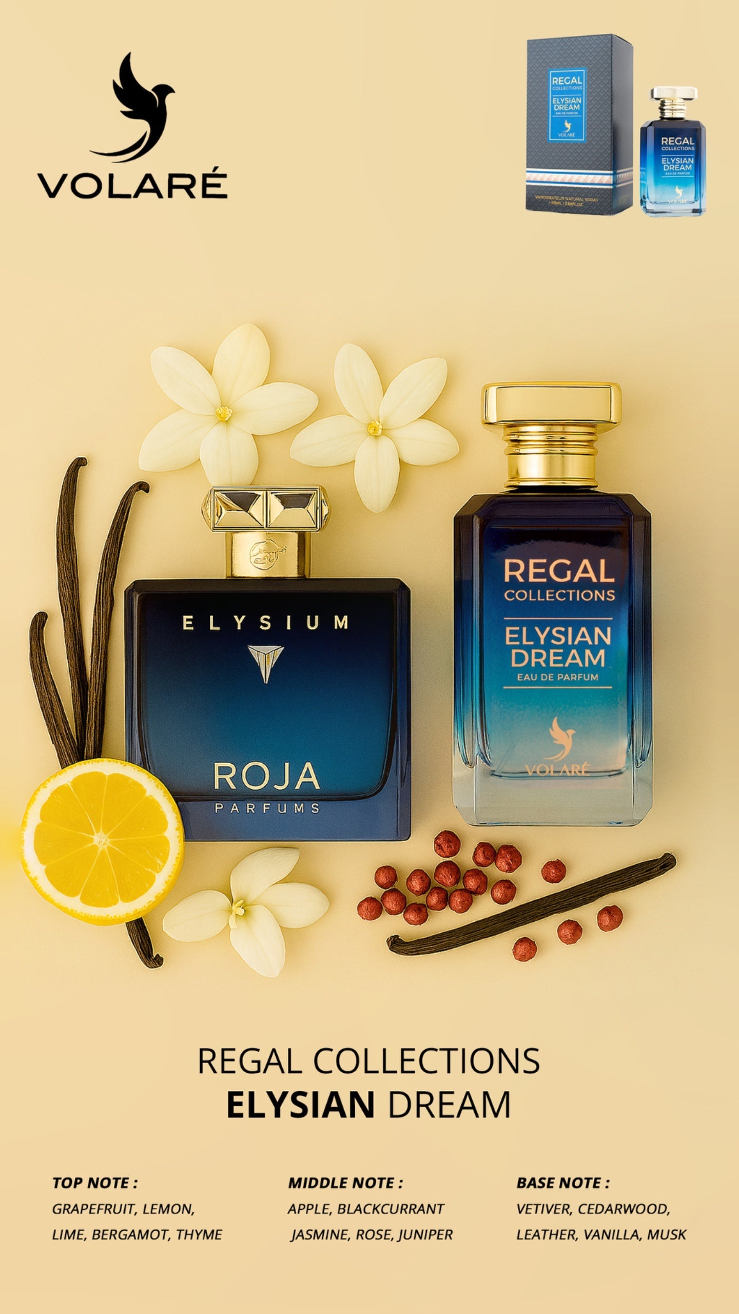 Two bottles of Roja Parfums on a beige background with flowers and fruits.