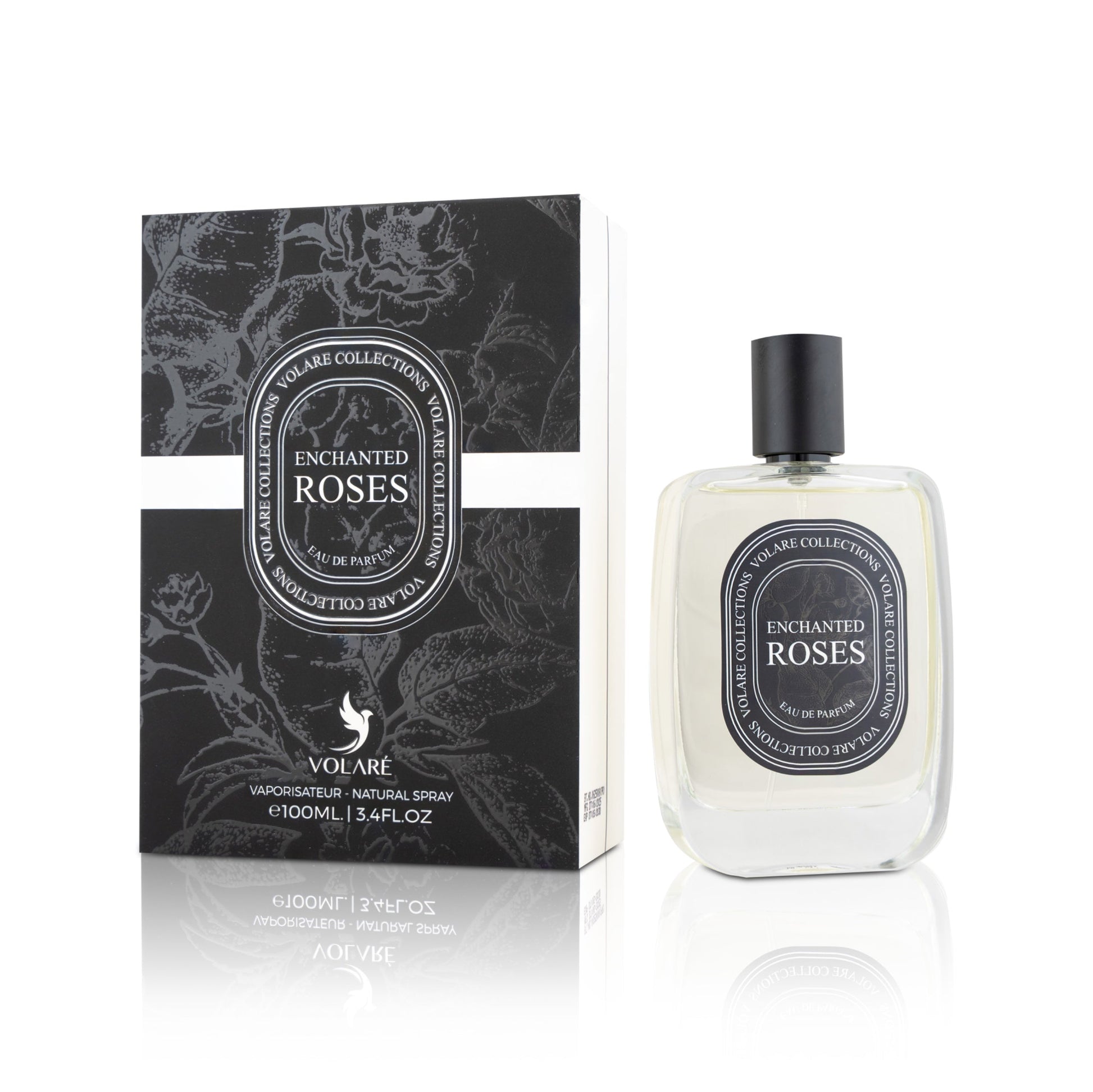 Volaré Enchanted Roses perfume bottle and packaging on a white background